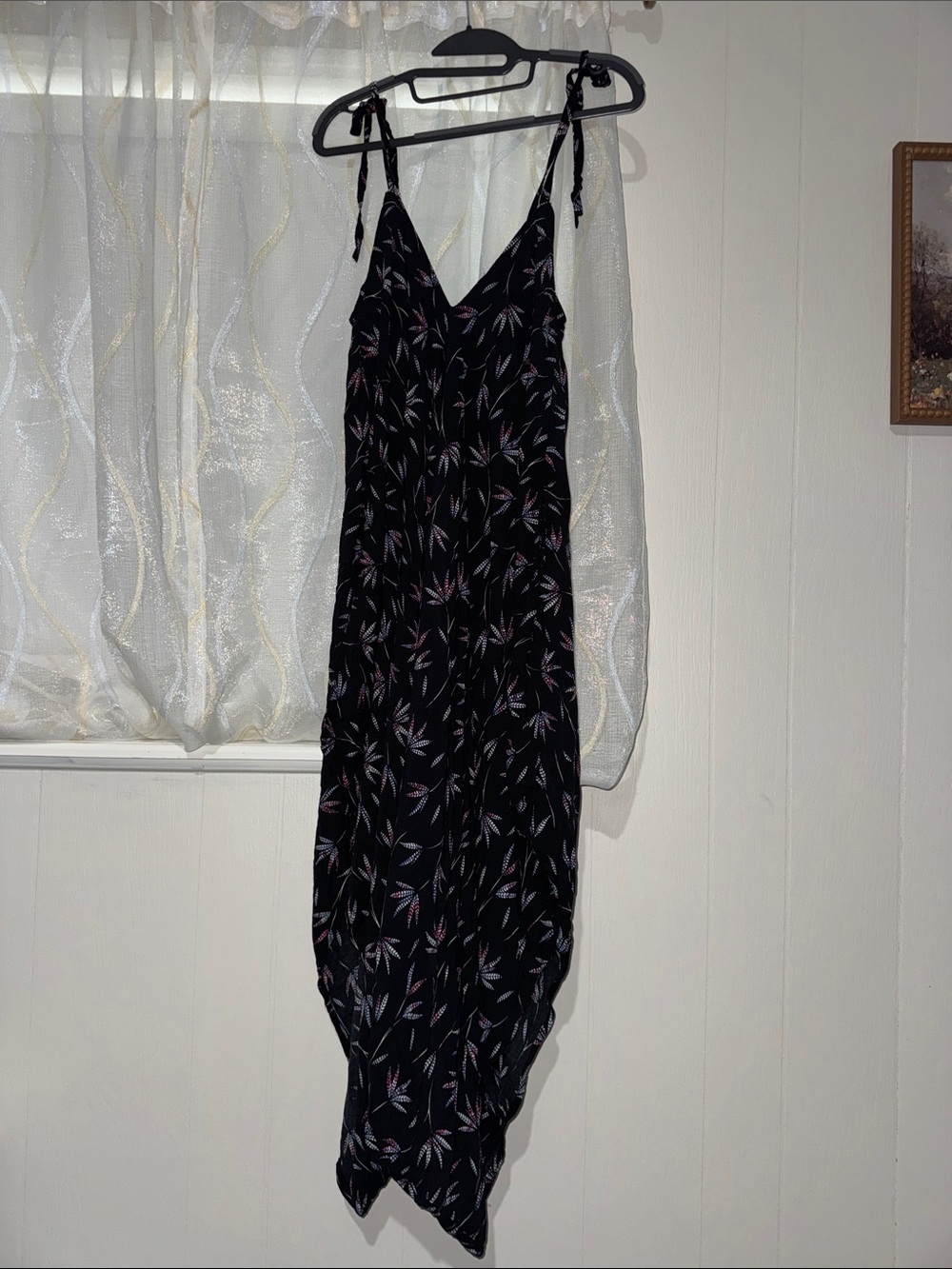 Black Asymmetrical Tie-Shoulder romper with Subtle Pink Leaf Print